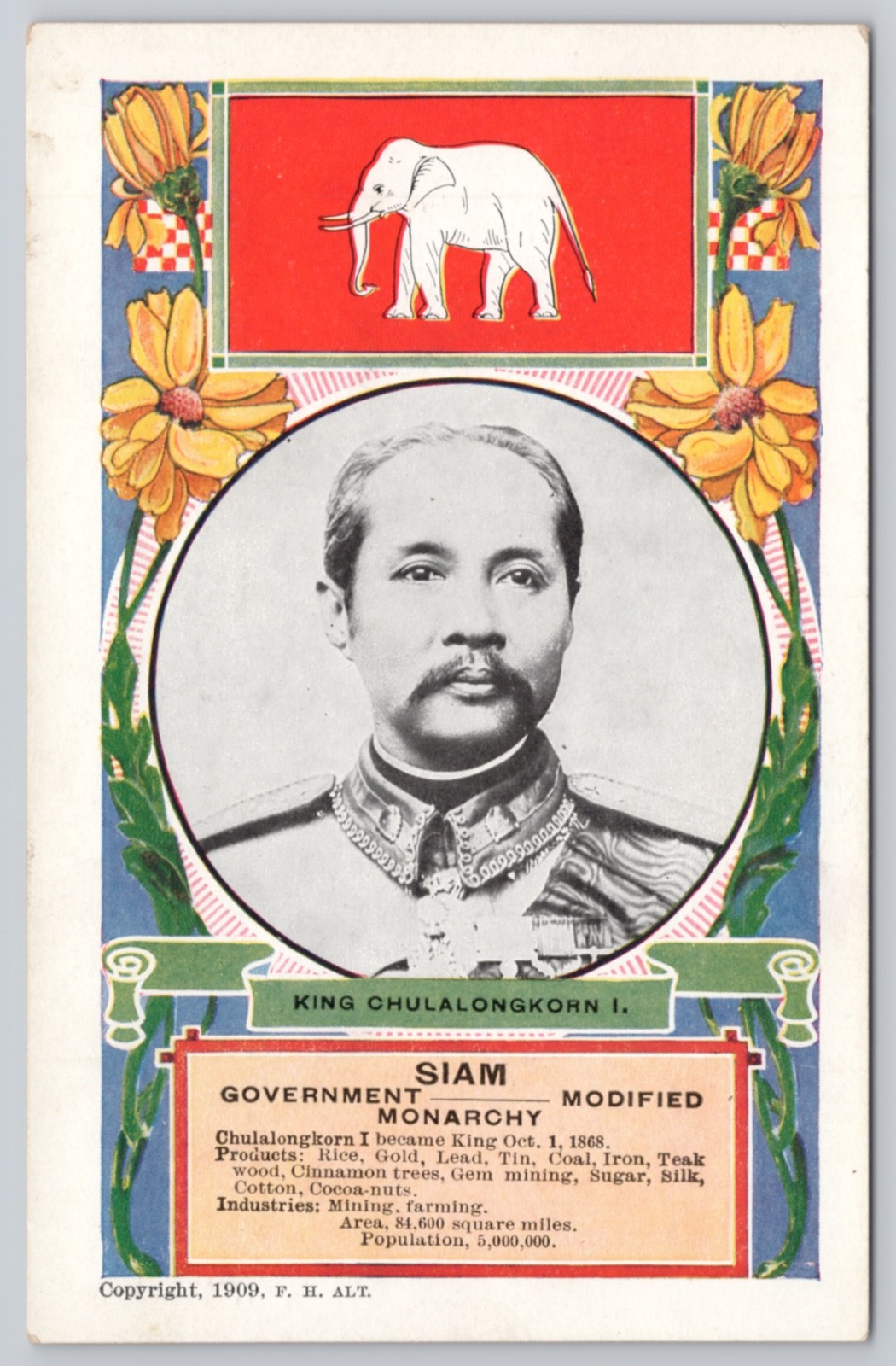 Siam King Chulalongkorn I F.H. Alt 1909 Antique Postcard