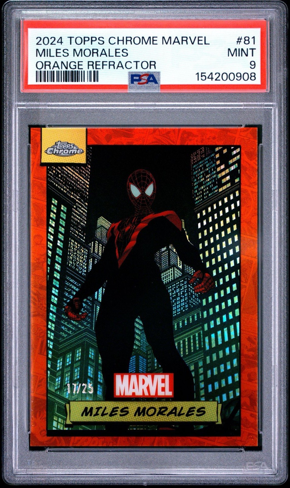 2024 TOPPS CHROME MARVEL #81 MILES MORALES ORANGE REFRACTOR 17/25 PSA 9 2024 TOPPS CHROME MARVEL #81 MILES MORALES ORANGE REFRACTOR 17/25 PSA 9