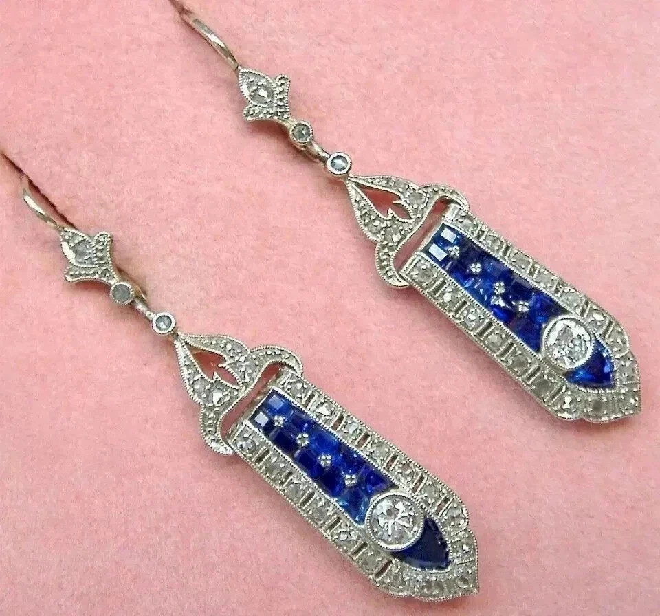 Vintage Filigree Dangle Drop Diamond Earrings Leverback In 14K Gold White Plated