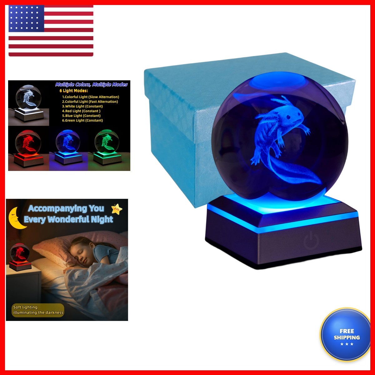 Conalisk 3D Axolotl Crystal Ball Night Light 3.15 Inch LED Base Axolotl D Conalisk 3D Axolotl Crystal Ball Night Light 3.15 Inch LED Base Axolotl D