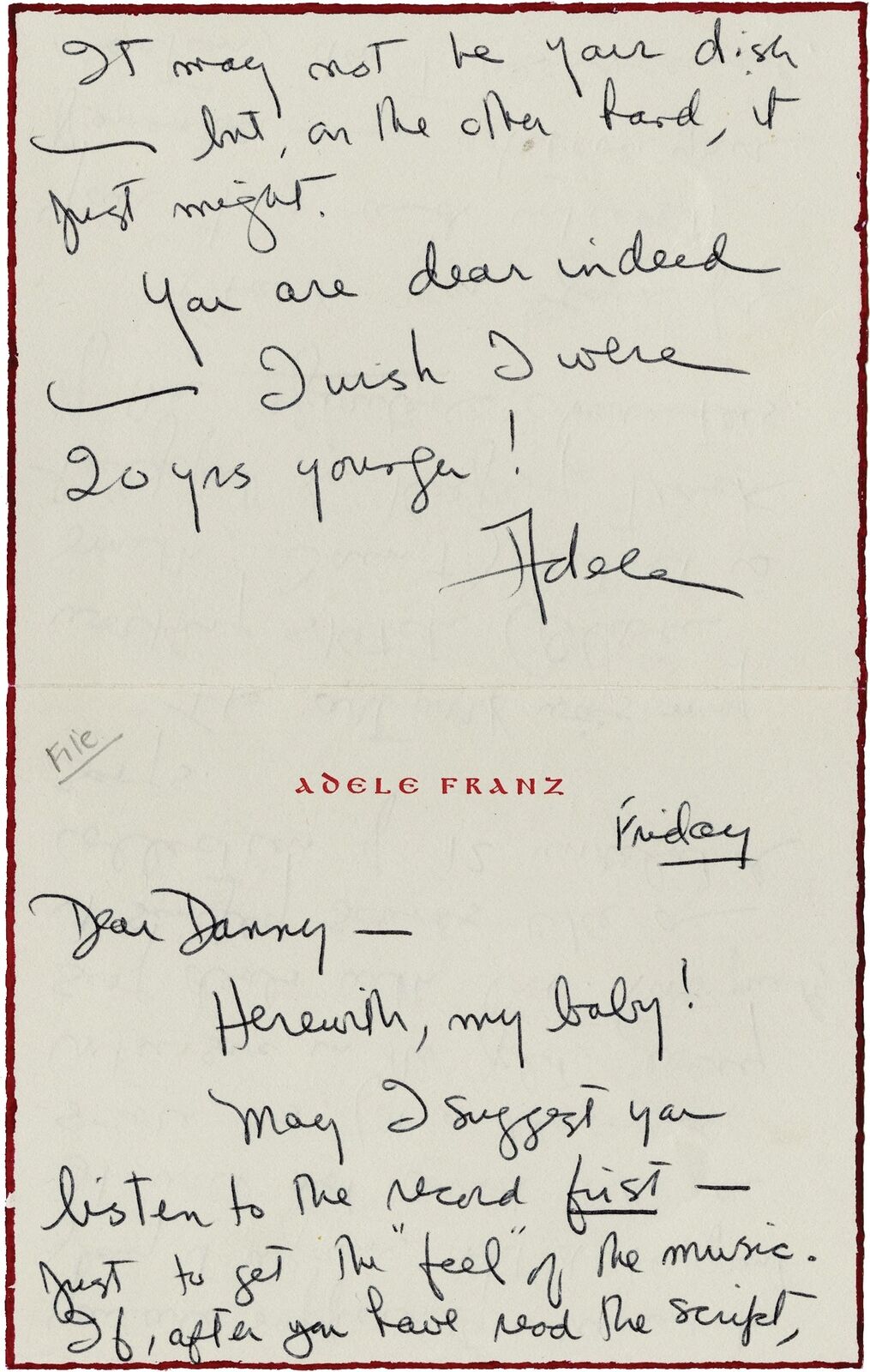 AUTOGRAPH NOTE FROM ADELE FRANZ LONGMIRE SIGNED TO DANIEL SELZNICK 1969 #134604