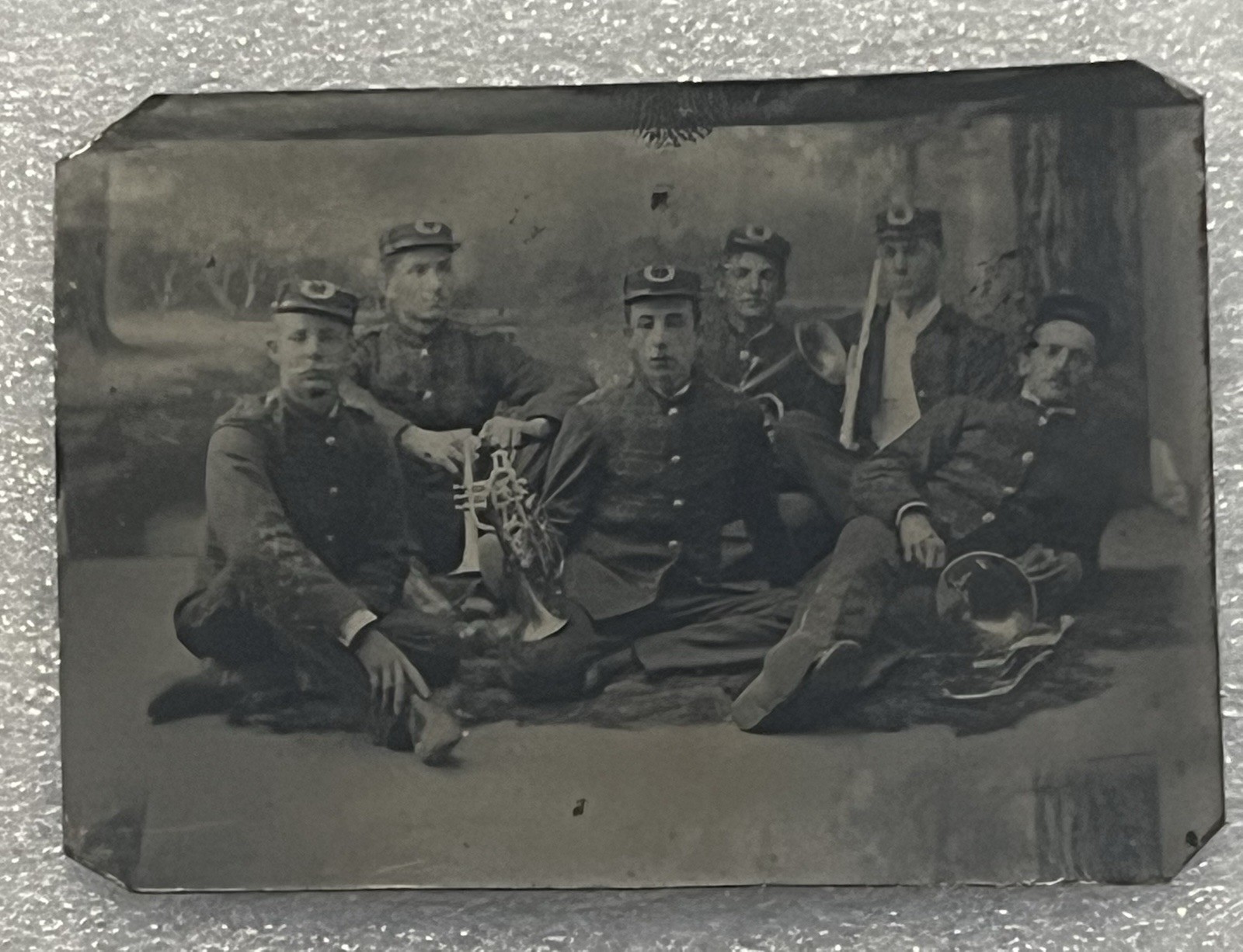 Antique 19thC Tintype Photo Musicians Cornet Brass Band Uniform Instruments Hat Antique 19thC Tintype Photo Musicians Cornet Brass Band Uniform Instruments Hat