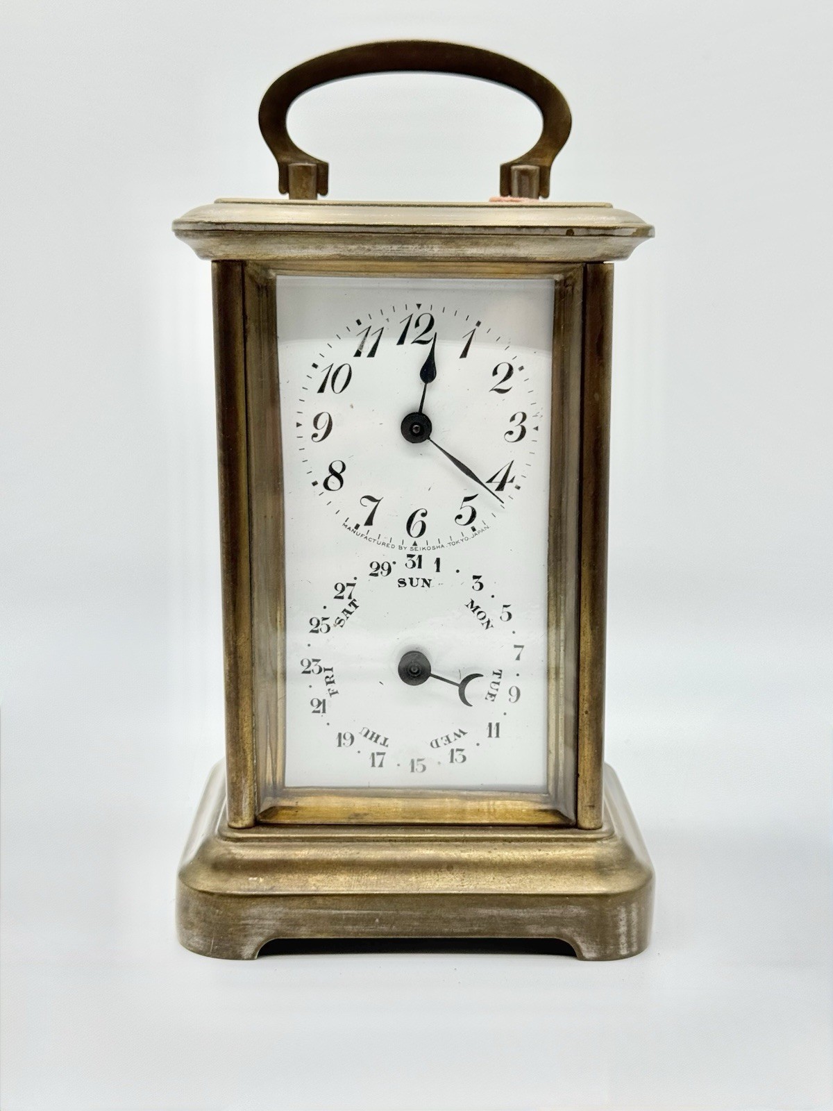 Antique 1920s Seikosha Japan Calendar Carriage Clock Brass Case Day Date RUNNING