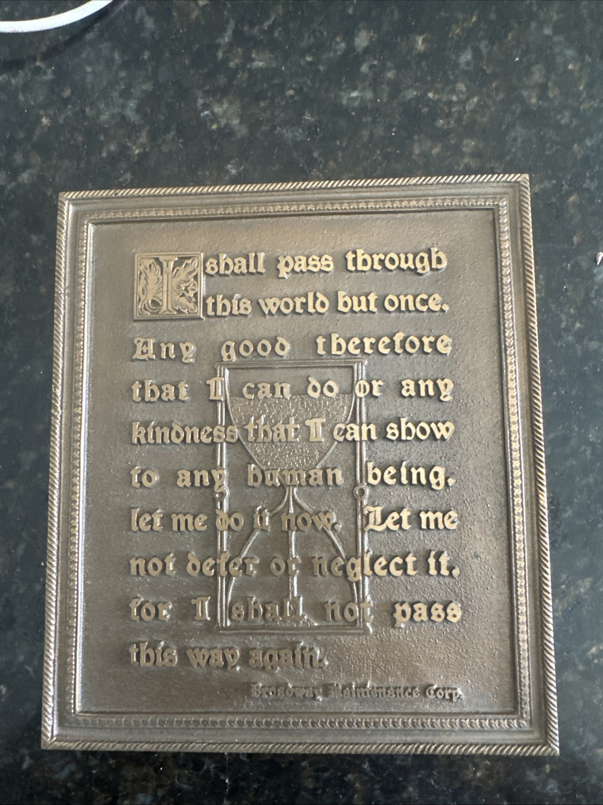 1925 Henry A. Roefer Bronze Wall Plaque – Motto Quote with Hourglass Art Deco 1925 Henry A. Roefer Bronze Wall Plaque – Motto Quote with Hourglass Art Deco