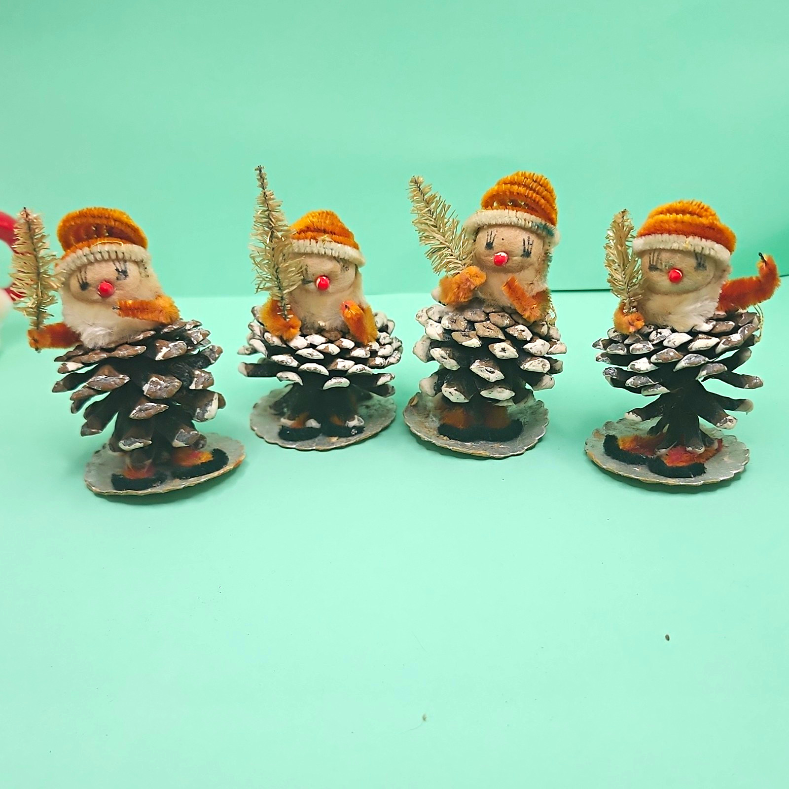 Vtg Set of 4 Pinecone Snowman Putz Spun Cotton Christmas Figurine Chenille JAPAN Vtg Set of 4 Pinecone Snowman Putz Spun Cotton Christmas Figurine Chenille JAPAN