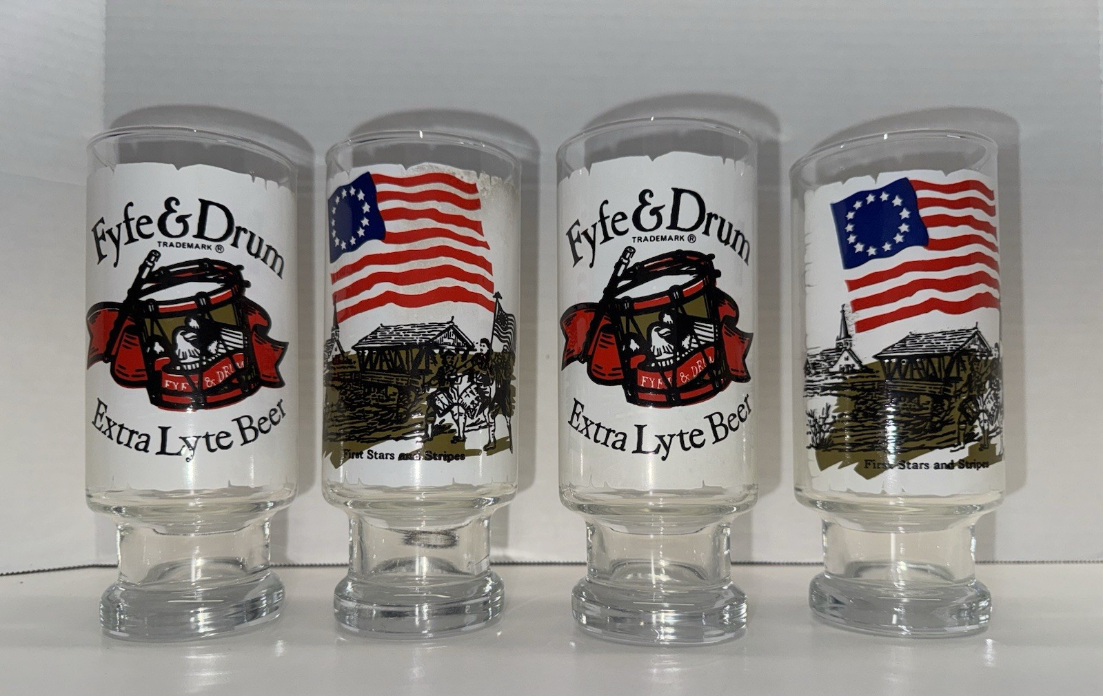 4 Vintage NOS Beer Pilsner Glasses American Flag Fyfe & Drum 4 Vintage NOS Beer Pilsner Glasses American Flag Fyfe & Drum