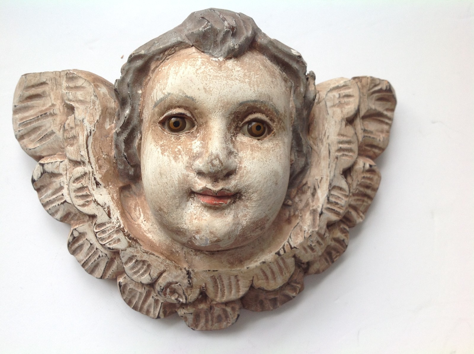 Antique Carved Wood Putti Angel Head with Glass Eyes