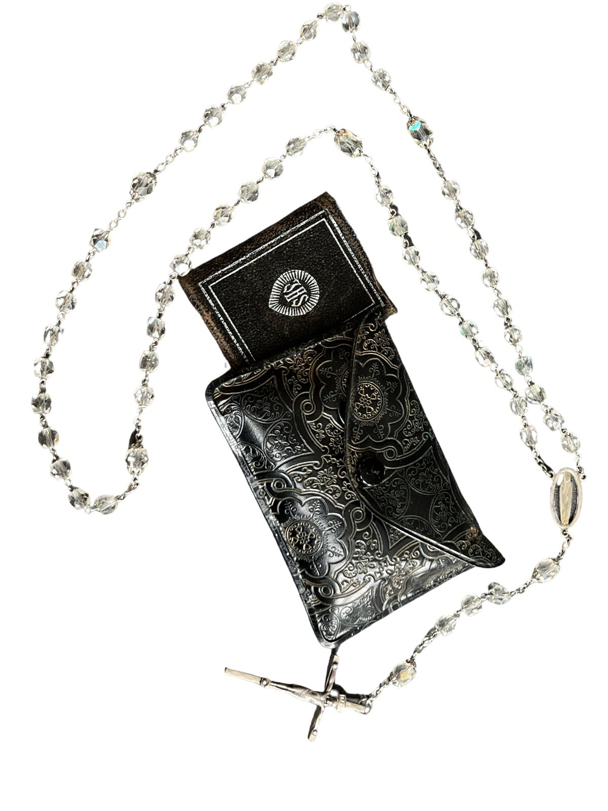 Vintage Beaded Cross Rosary Crucifix, Tiny Leather Prayer Book Estate Case Clear Vintage Beaded Cross Rosary Crucifix, Tiny Leather Prayer Book Estate Case Clear