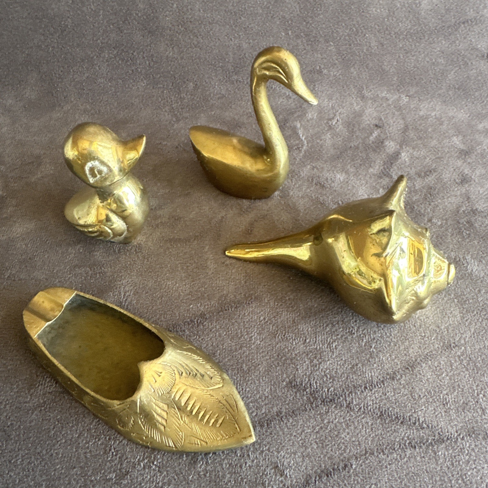 Vintage Solid Brass Decor Lot Mid Century MCM Swan Duck Conch Shell Shoe 4pc Vintage Solid Brass Decor Lot Mid Century MCM Swan Duck Conch Shell Shoe 4pc