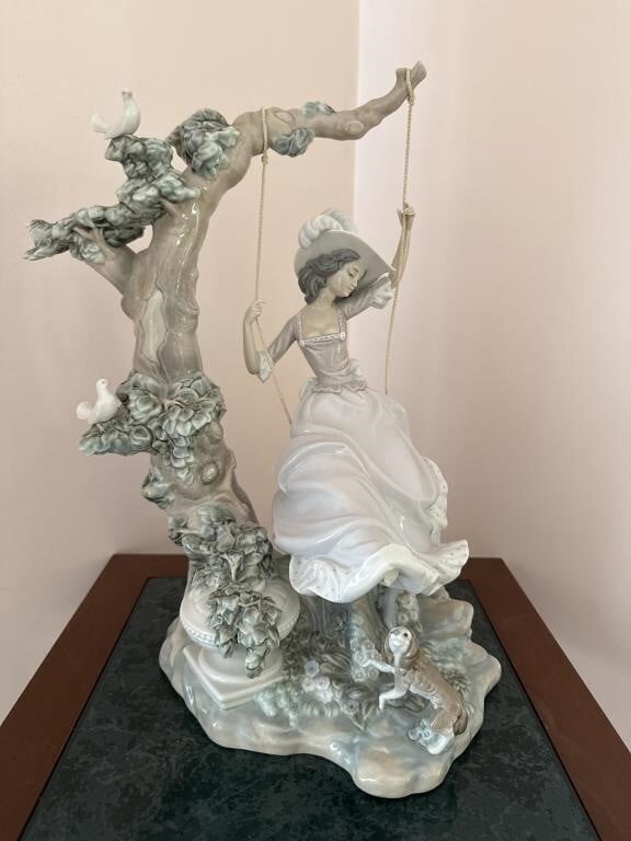 Lladro The Swing #1297 Porcelain Figurine Lady on Swing Dog Birds Retired Lladro The Swing #1297 Porcelain Figurine Lady on Swing Dog Birds Retired