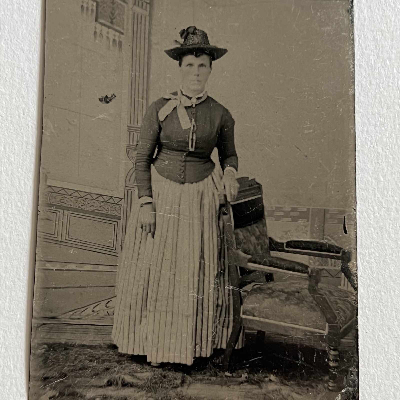 Antique Tintype Photograph Lovely Woman Top Skirt Combo Great Hat Antique Tintype Photograph Lovely Woman Top Skirt Combo Great Hat