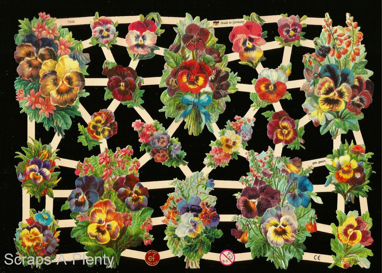 German Embossed Vintage Style Scrap Die Cut - Stunning Pansy / Flowers   EF7356