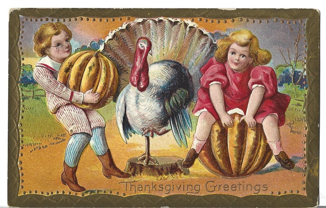VTG THANKSGIVING POSTCARD- TOM TURKEY & TWO KIDS SITTING ON PUMPKINS c1909 VTG THANKSGIVING POSTCARD- TOM TURKEY & TWO KIDS SITTING ON PUMPKINS c1909