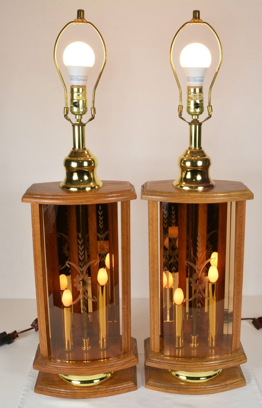 Vtg Pair MCM Don Ward Table Lamps Amber Etched Glass Panel Wood Brass 3-Way NICE Vtg Pair MCM Don Ward Table Lamps Amber Etched Glass Panel Wood Brass 3-Way NICE