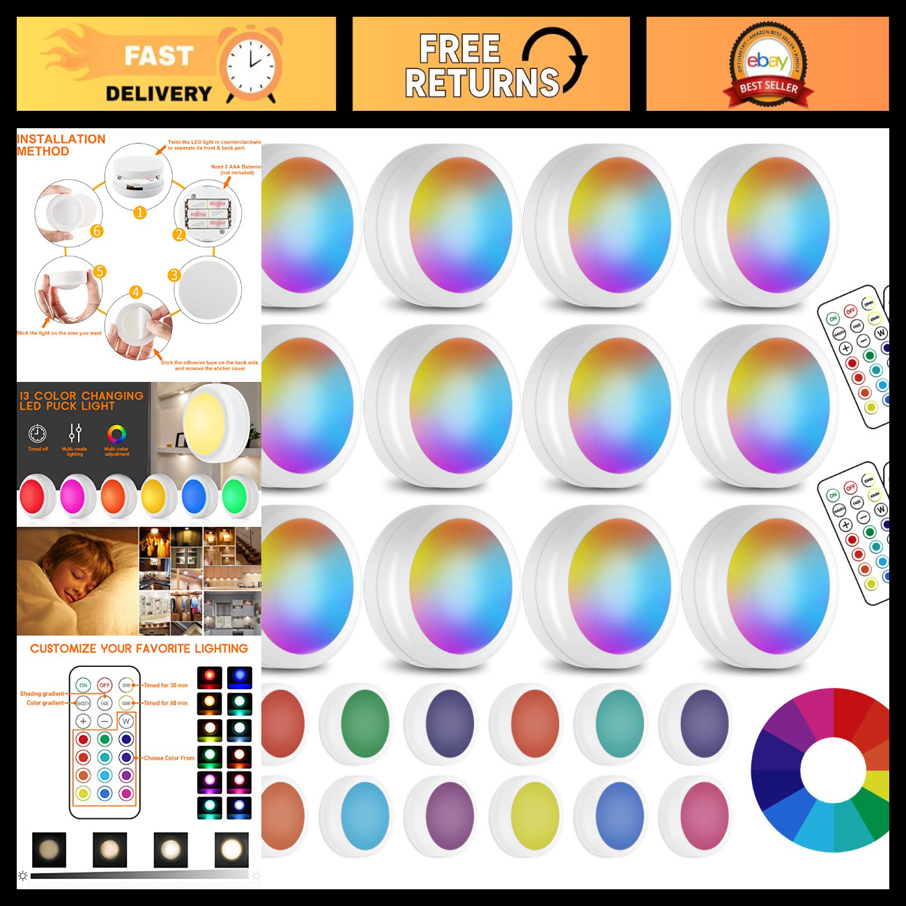LED Puck Lights - 13 Color RGB, Wireless Remote Control, Battery Powered, Perfec