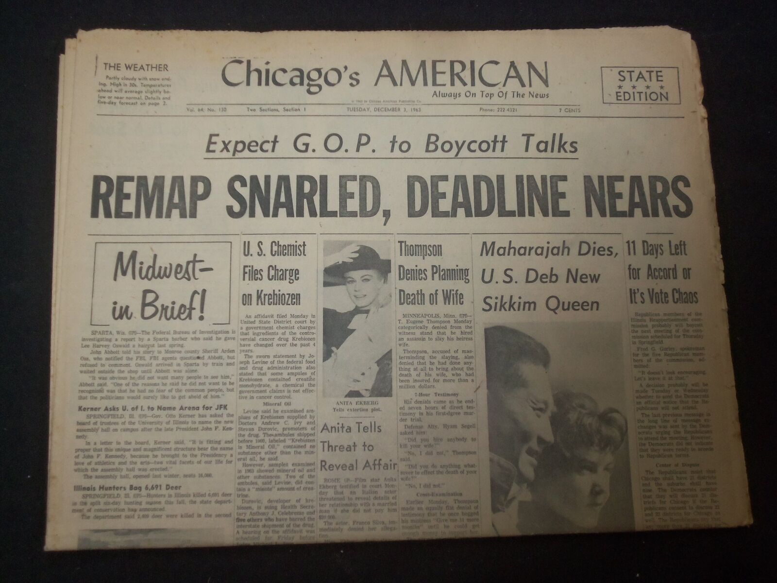 1963 DEC 3 CHICAGO'S AMERICAN NEWSPAPER - REMAP SNARLED, DEADLINE NEARS- NP 8050