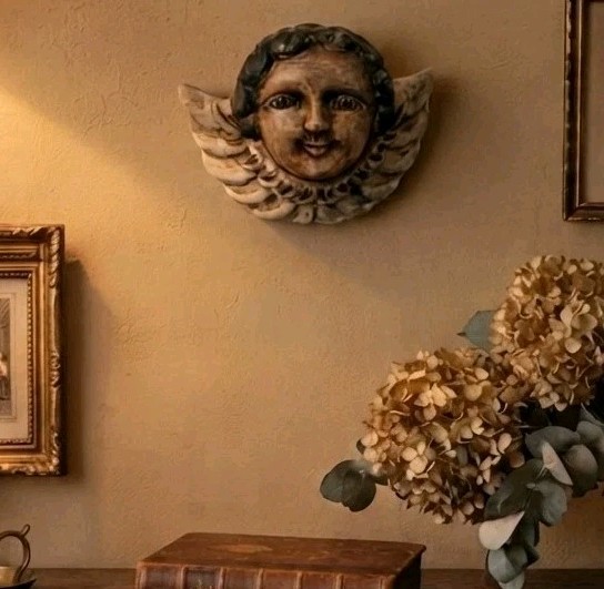 Antique Carved Wood Polychrome Putto Putti Angel Head with Glass Eyes READ Antique Carved Wood Polychrome Putto Putti Angel Head with Glass Eyes READ