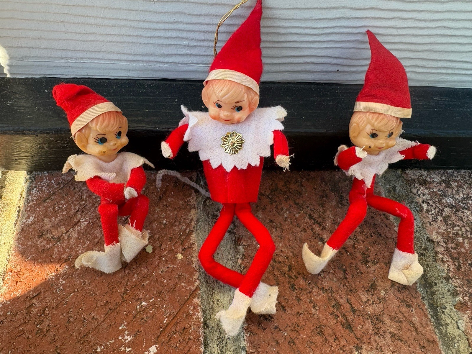 3 Vintage Christmas Pixie Elves Posable Knee Hugger Elves 3 Vintage Christmas Pixie Elves Posable Knee Hugger Elves