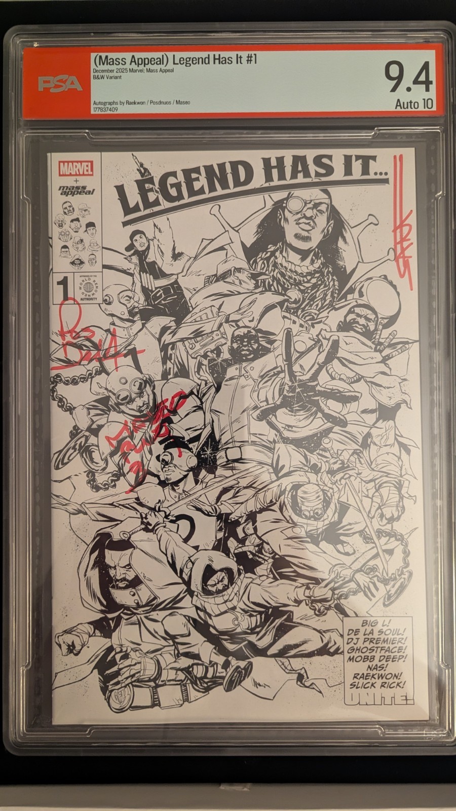 Mass Appeal x Marvel Presents Legend Has It #1 B&W Variant Cover SIGNED PSA 9.4