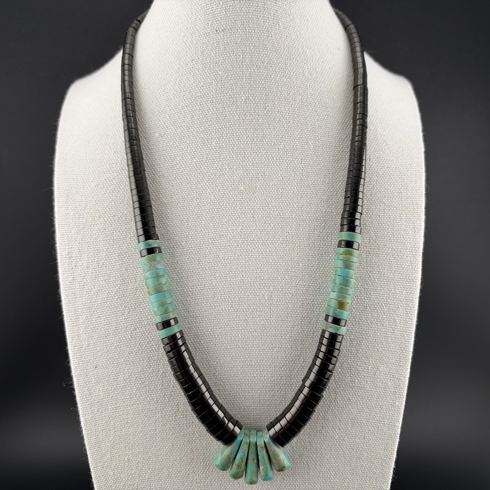Santo Domingo Pueblo Jet And Turquoise Heishi Necklace Native American Jewelry