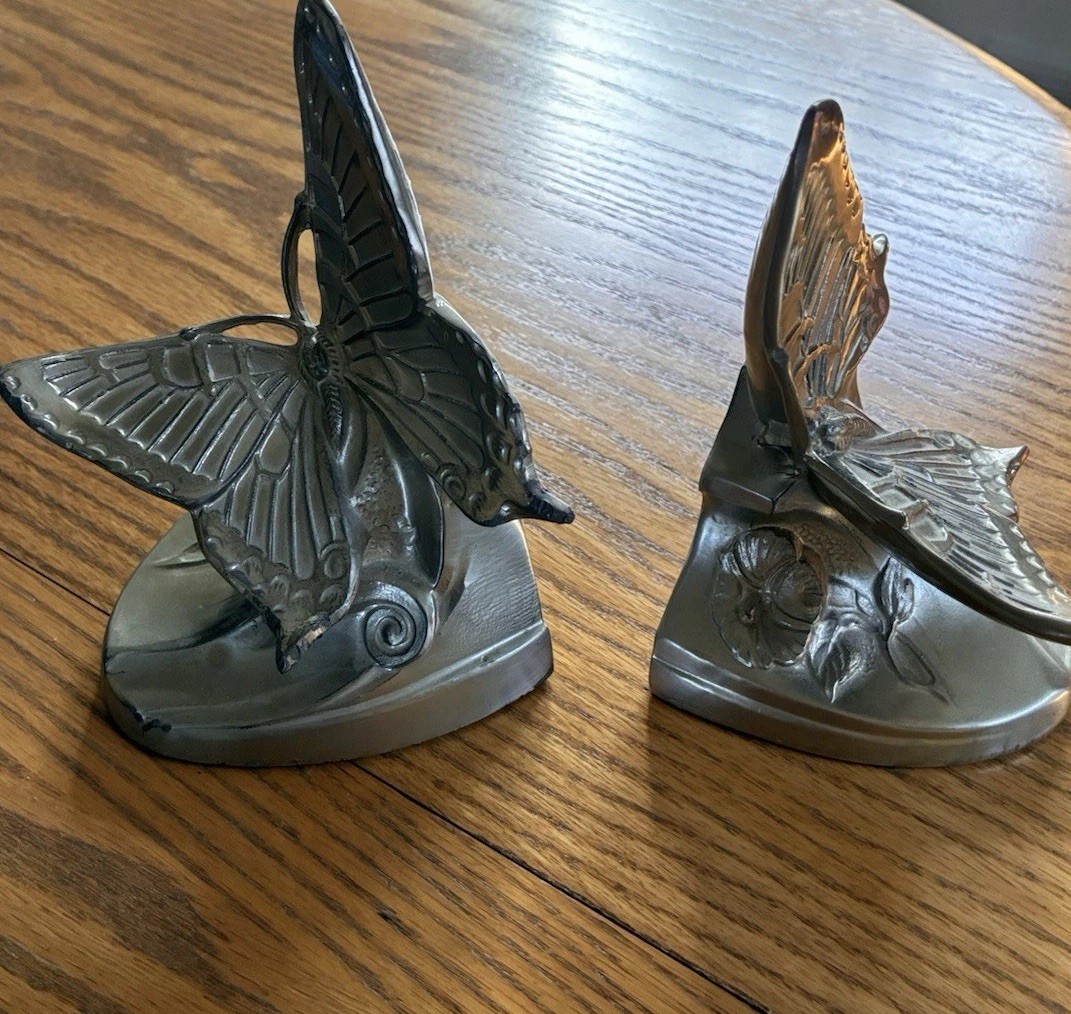 Mid century Art Nouveau PM Craftsman. Silverton/Pewter Butterfly Bookends. Mid century Art Nouveau PM Craftsman. Silverton/Pewter Butterfly Bookends.