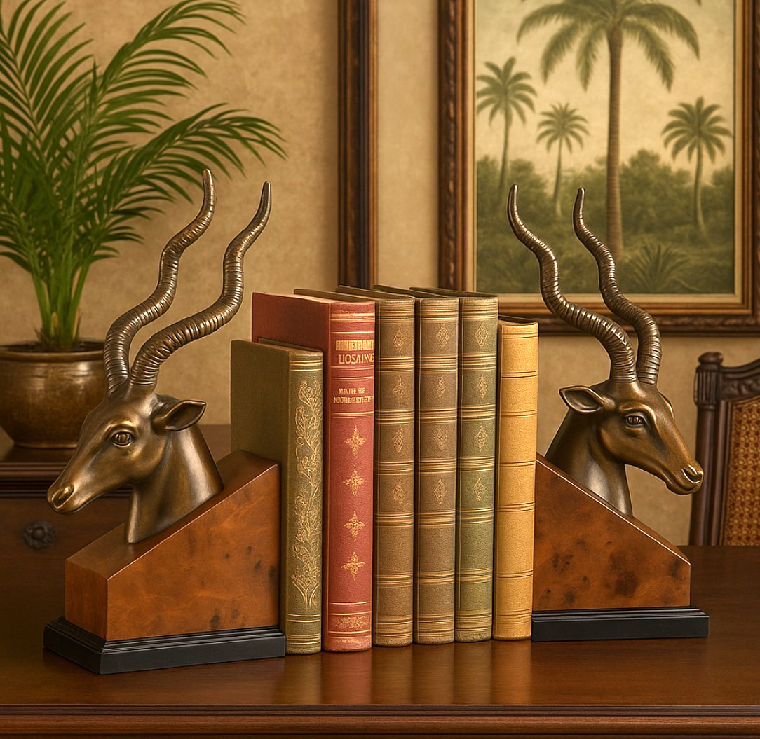 Vintage bronze kudu antelope head bookends mid century modern safari decor Heavy Vintage bronze kudu antelope head bookends mid century modern safari decor Heavy