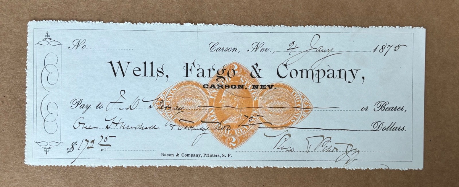 1875 Antique Wells Fargo Bank Carson City Nevada NV Check RN Revenue Stamp RN-D1 1875 Antique Wells Fargo Bank Carson City Nevada NV Check RN Revenue Stamp RN-D1