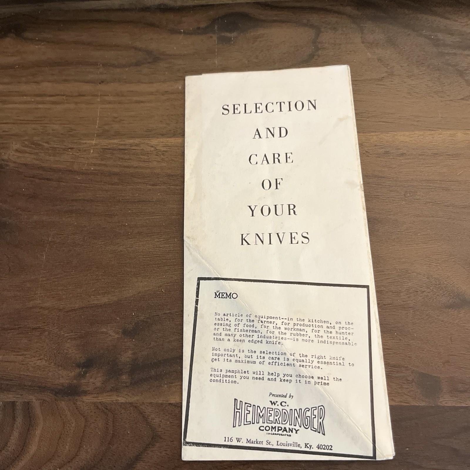 VTG W.C. HEIMERDINGER CO. BROCHURE SELECTION & CARE OF YOUR KNIVES LOUISVILLE KY VTG W.C. HEIMERDINGER CO. BROCHURE SELECTION & CARE OF YOUR KNIVES LOUISVILLE KY