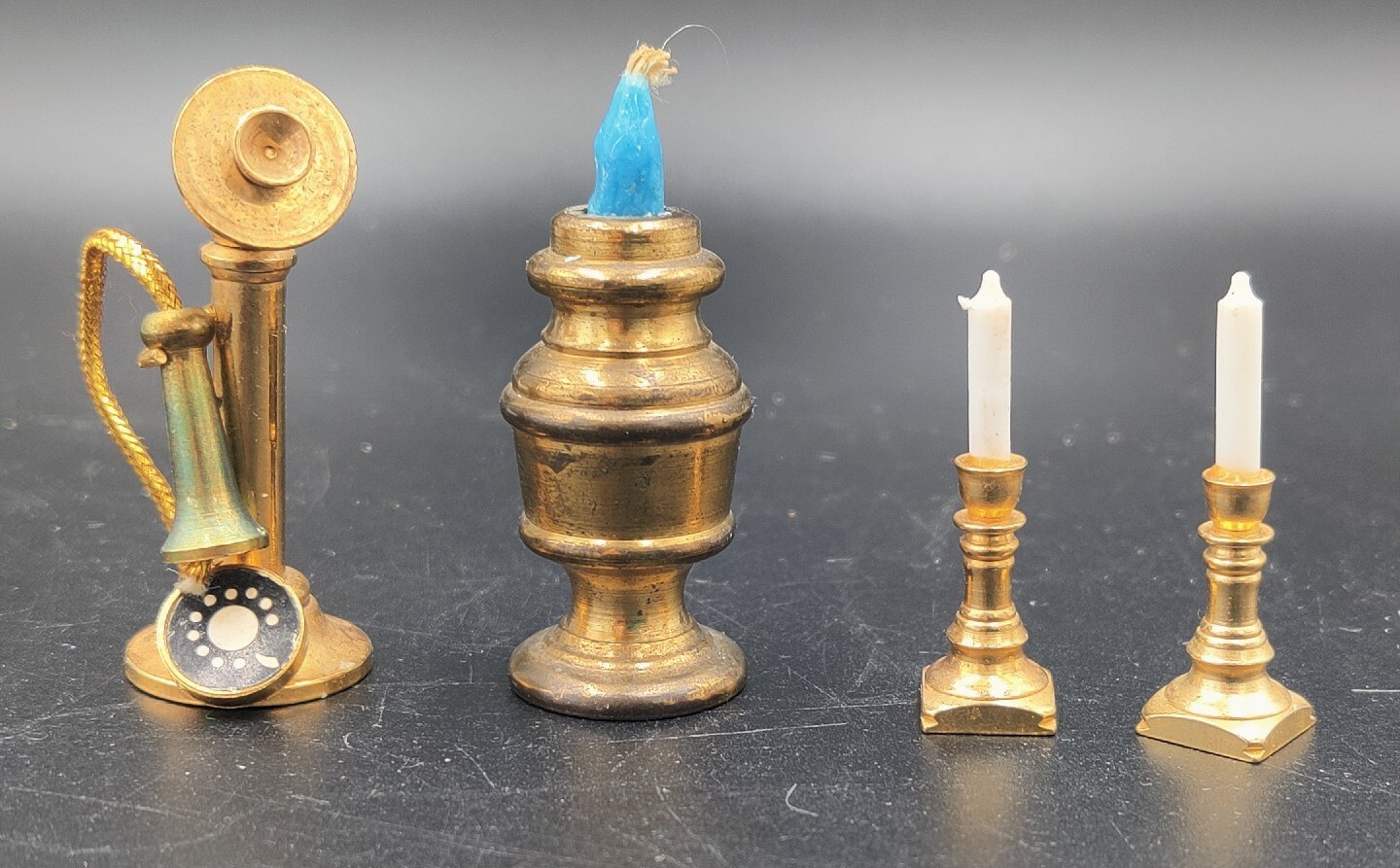 Vintage Brass Dollhouse Candlesticks Miniature + Old Fashioned Phone 4pc lot Vintage Brass Dollhouse Candlesticks Miniature + Old Fashioned Phone 4pc lot
