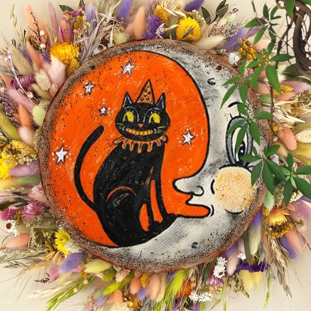 Halloween Anthropomorphic VINTAGE STYLE Moon Cat Acrylic Sign Wall Decor 8"