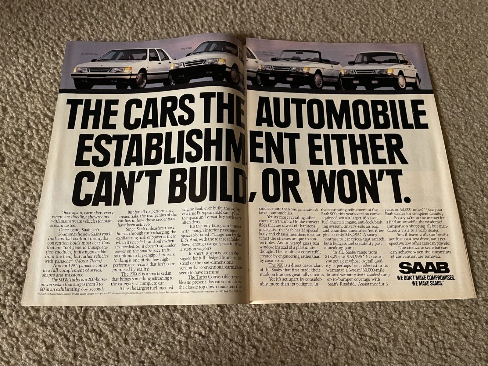 Vintage 1990 SAAB 9000S 9000 TURBO CONVERTIBLE PRINT AD