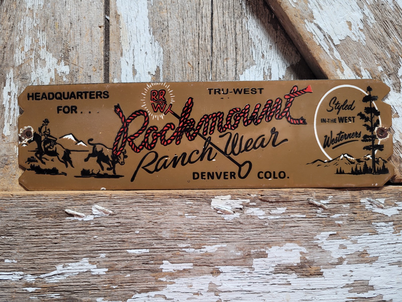 VINTAGE DENVER COLORADO PORCELAIN SIGN RARE OLD ROCKMOUNT RANCH WEAR CLOTHING