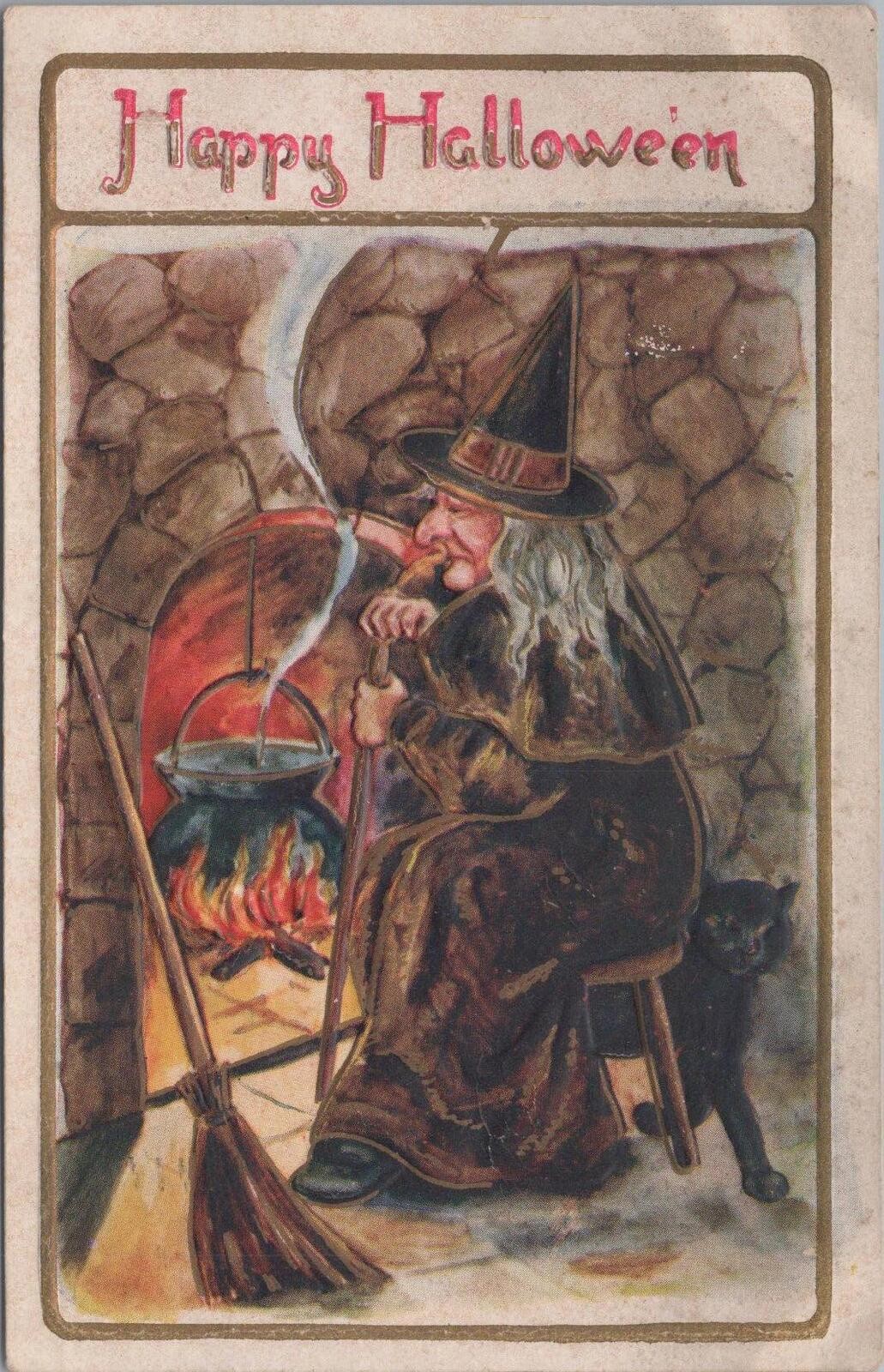 Antique Embossed Halloween Postcard- Witch Sits By Fire With Broom Antique Embossed Halloween Postcard- Witch Sits By Fire With Broom