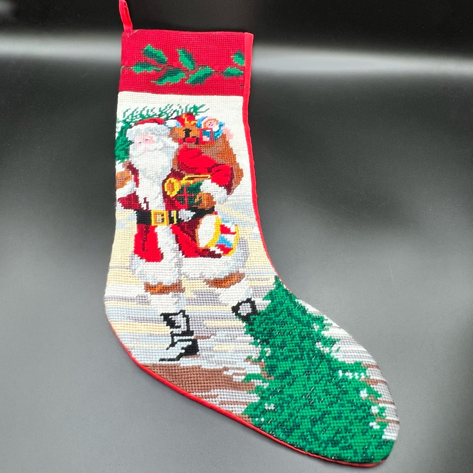 Vintage Style Handmade Needlepoint Christmas Stocking Santa Toys Holly 20" Vintage Style Handmade Needlepoint Christmas Stocking Santa Toys Holly 20"