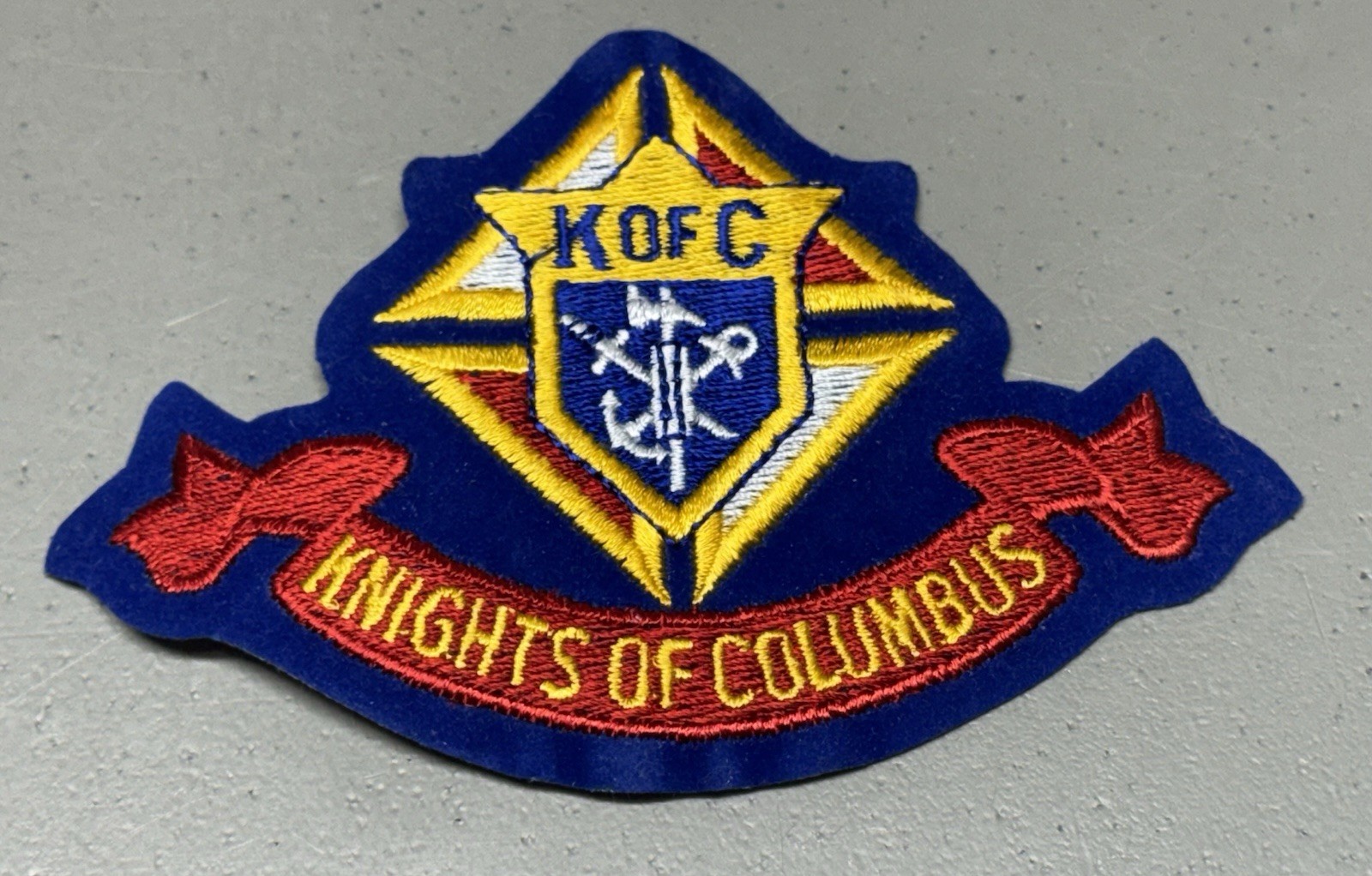 Vtg 4 1/2" X 3” Embroidered Knights of Columbus Ribbon PATCH On Royal Blue Suede