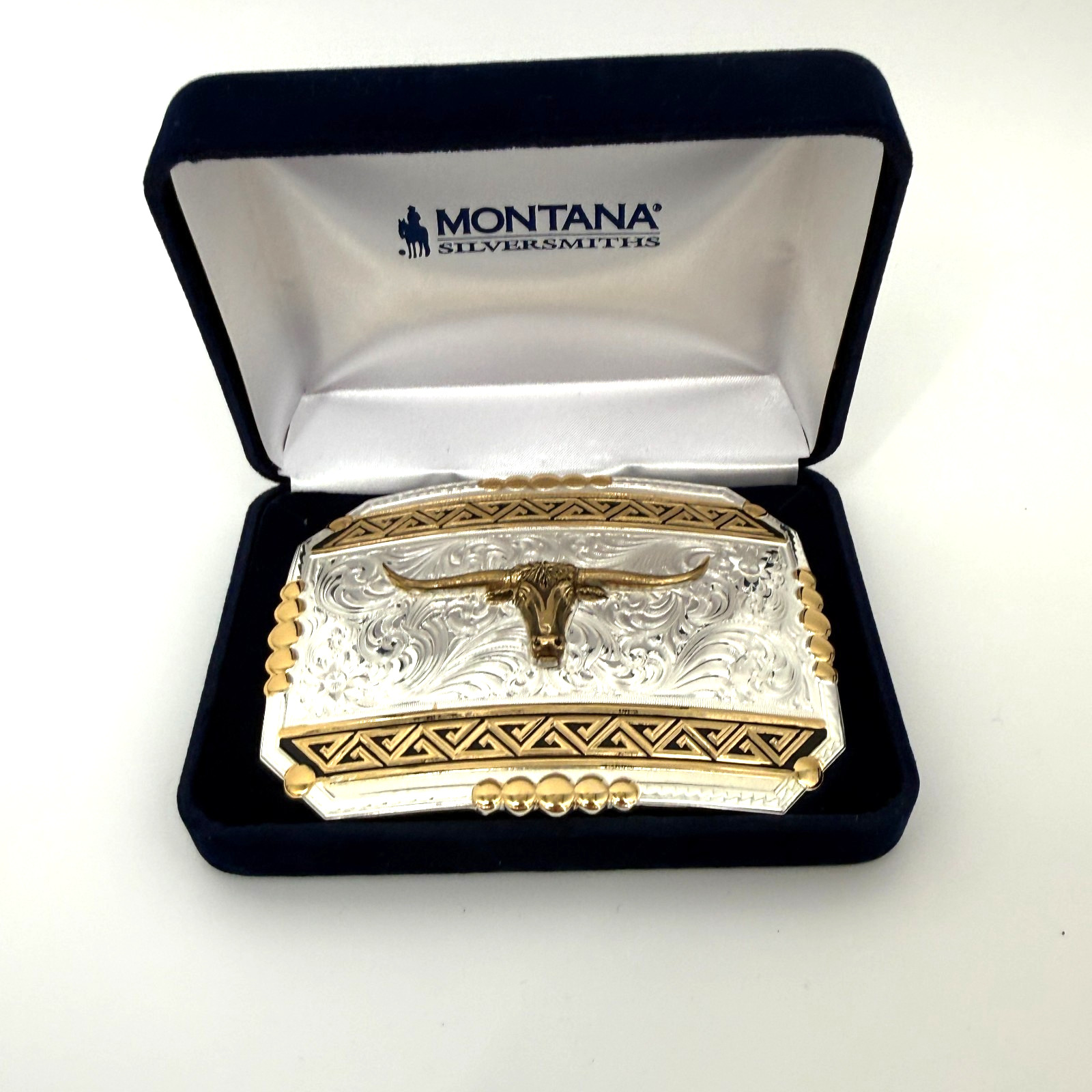 Montana Silversmiths Silver Gold Engraved Longhorn Belt Buckle Rodeo USA Made