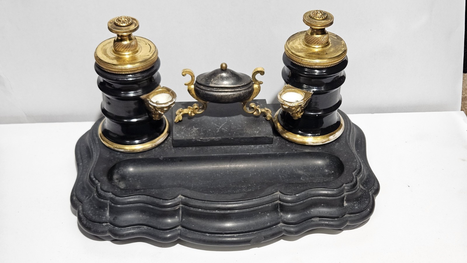 RARE French Empire "Encrier Pompe" Double Porcelain Pump Inkwells As Is RARE French Empire "Encrier Pompe" Double Porcelain Pump Inkwells As Is