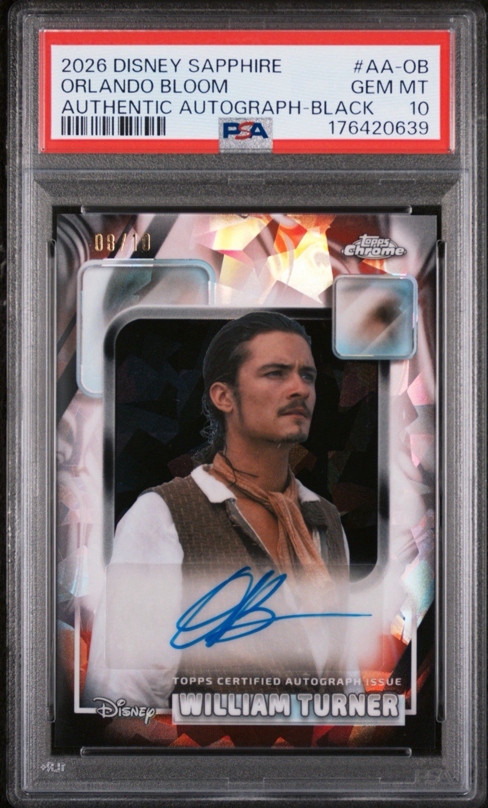 2026 Topps Chrome Disney Sapphire Auto /10 Orlando Bloom William Turner PSA 10