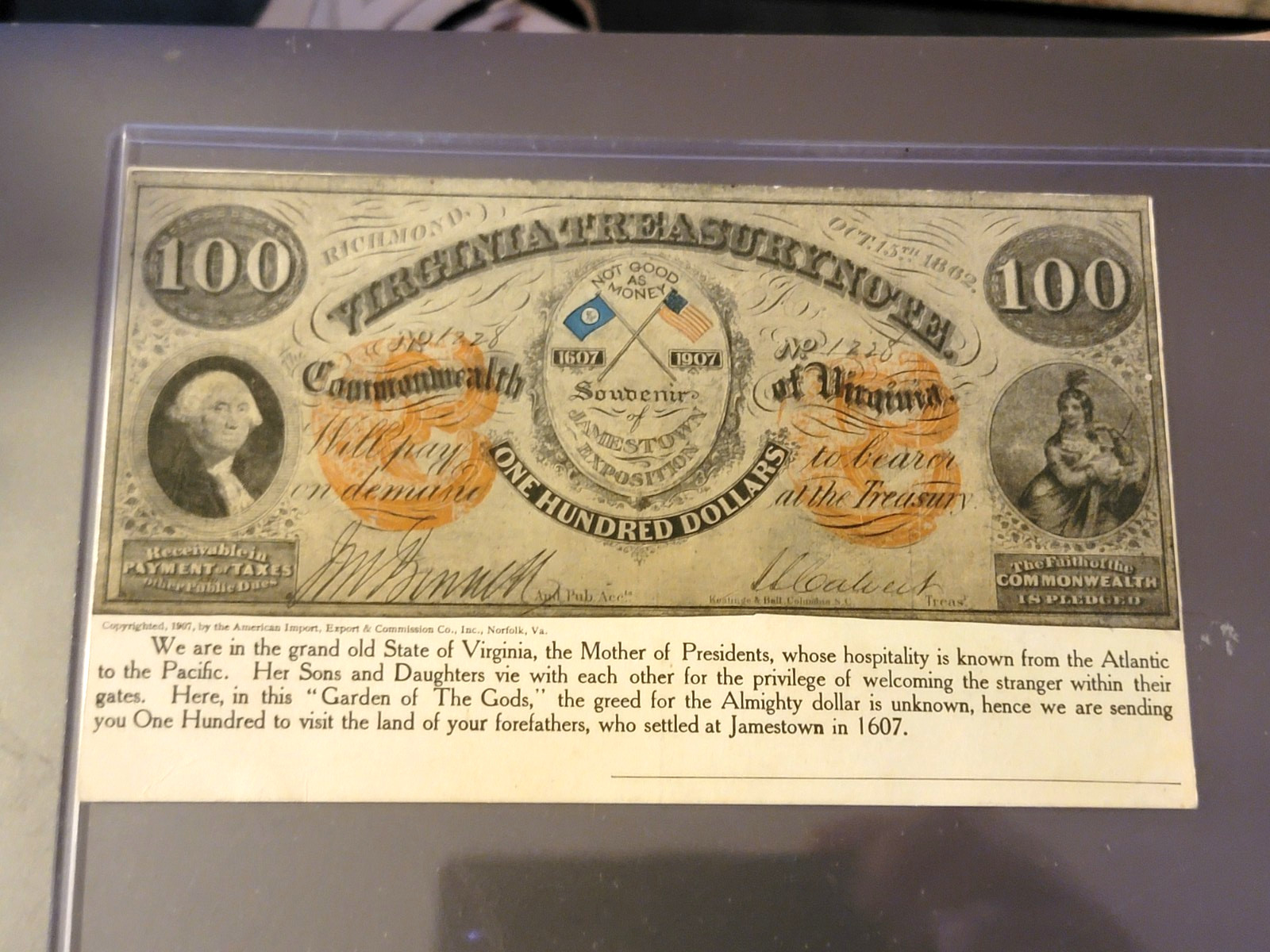 Jamestown Exposition Facsimile $100 Virginia Treasury Note Large Postcard 1907 Jamestown Exposition Facsimile $100 Virginia Treasury Note Large Postcard 1907