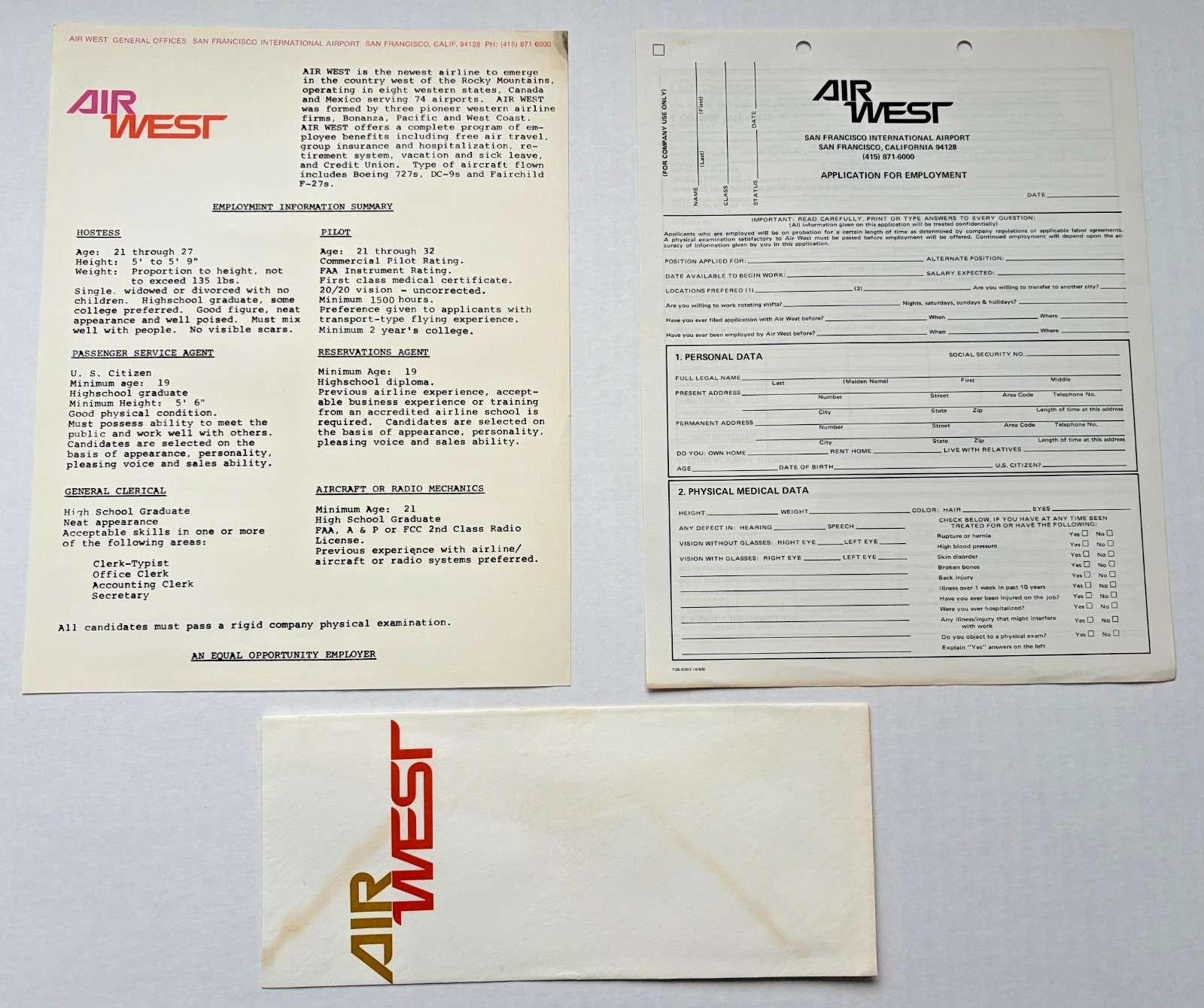 Vintage 1968 Air West Airlines Job Application Packet Memorabilia 3 Piece Lot