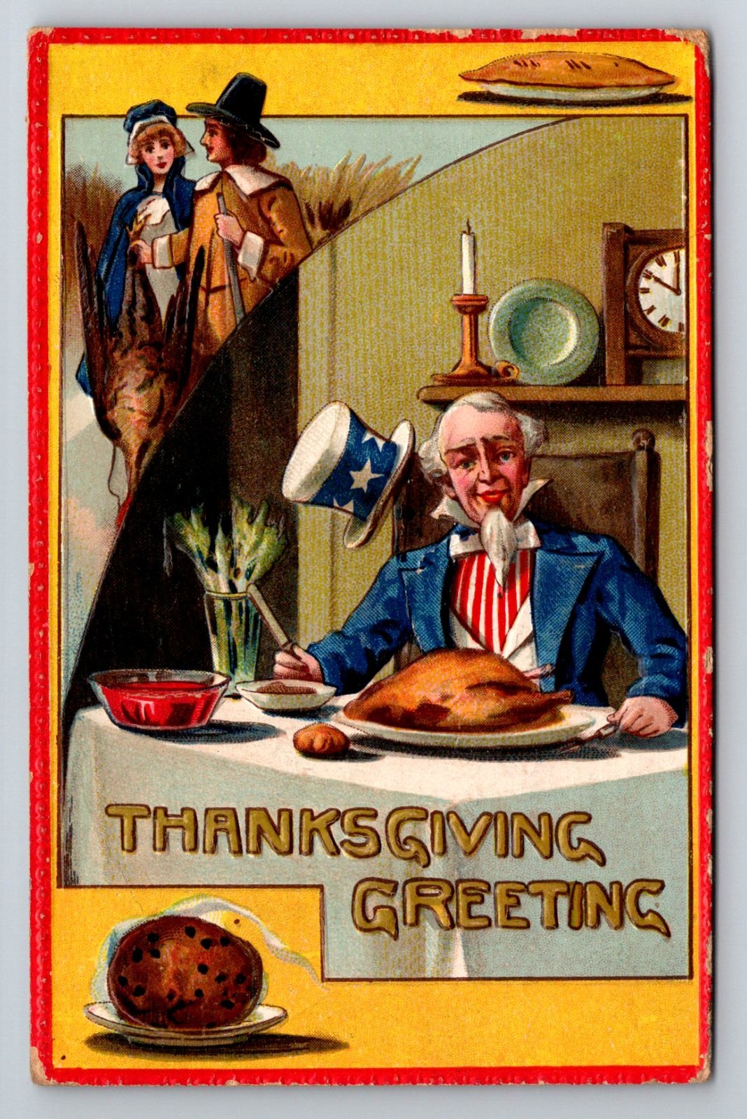 Postcard Thanksgiving Uncle Sam Patriotic  Sitting Down for Turkey Meal c. 1918