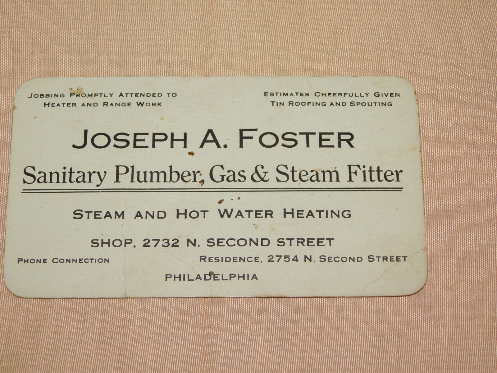 VINTAGE BUSINESS CARD JOSEPH A FOSTER PHILADELPHIA PLUMBER STEAM FITTER VINTAGE BUSINESS CARD JOSEPH A FOSTER PHILADELPHIA PLUMBER STEAM FITTER