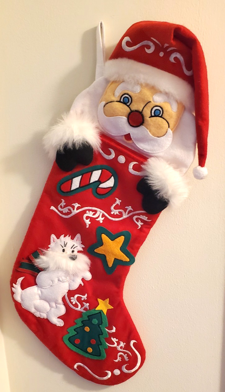 Vintage Felt Applique Christmas Stocking White Cat Santa Candy Cane Star & Tree