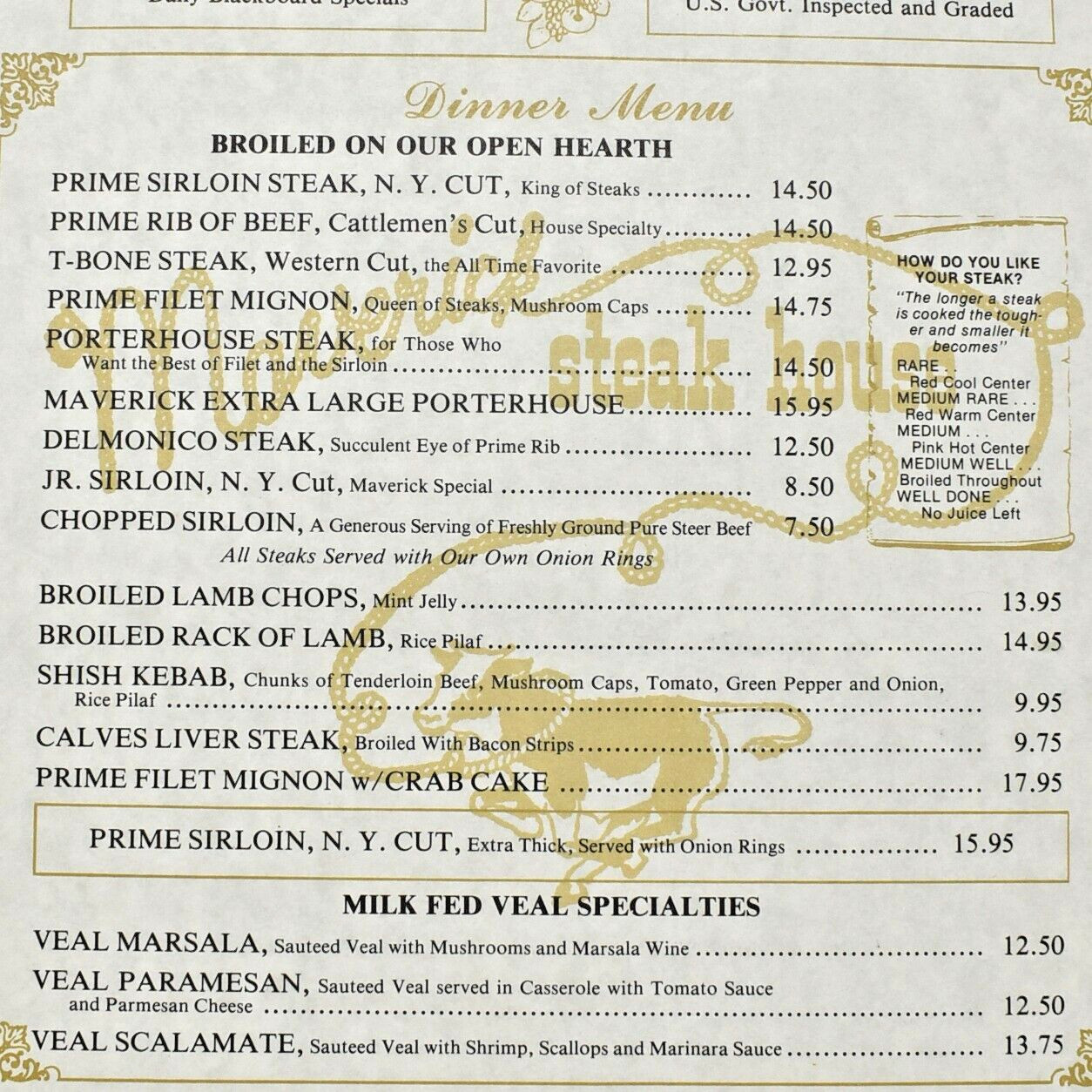 1990s Maverick Steak House Restaurant Menu 1851 Arsenal Boulevard Harrisburg PA 1990s Maverick Steak House Restaurant Menu 1851 Arsenal Boulevard Harrisburg PA