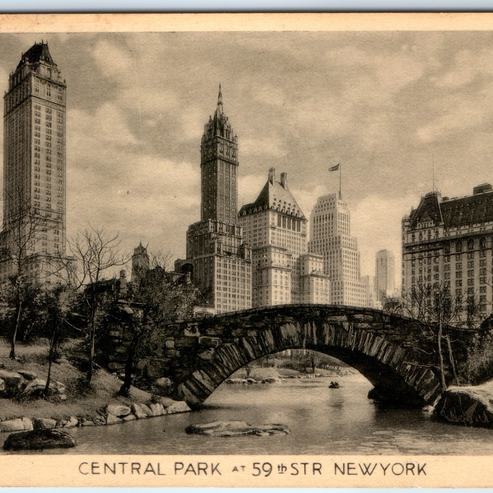 c1930s Central Park at 59th St New York City Postcard Stone Footbridge Skyline c1930s Central Park at 59th St New York City Postcard Stone Footbridge Skyline