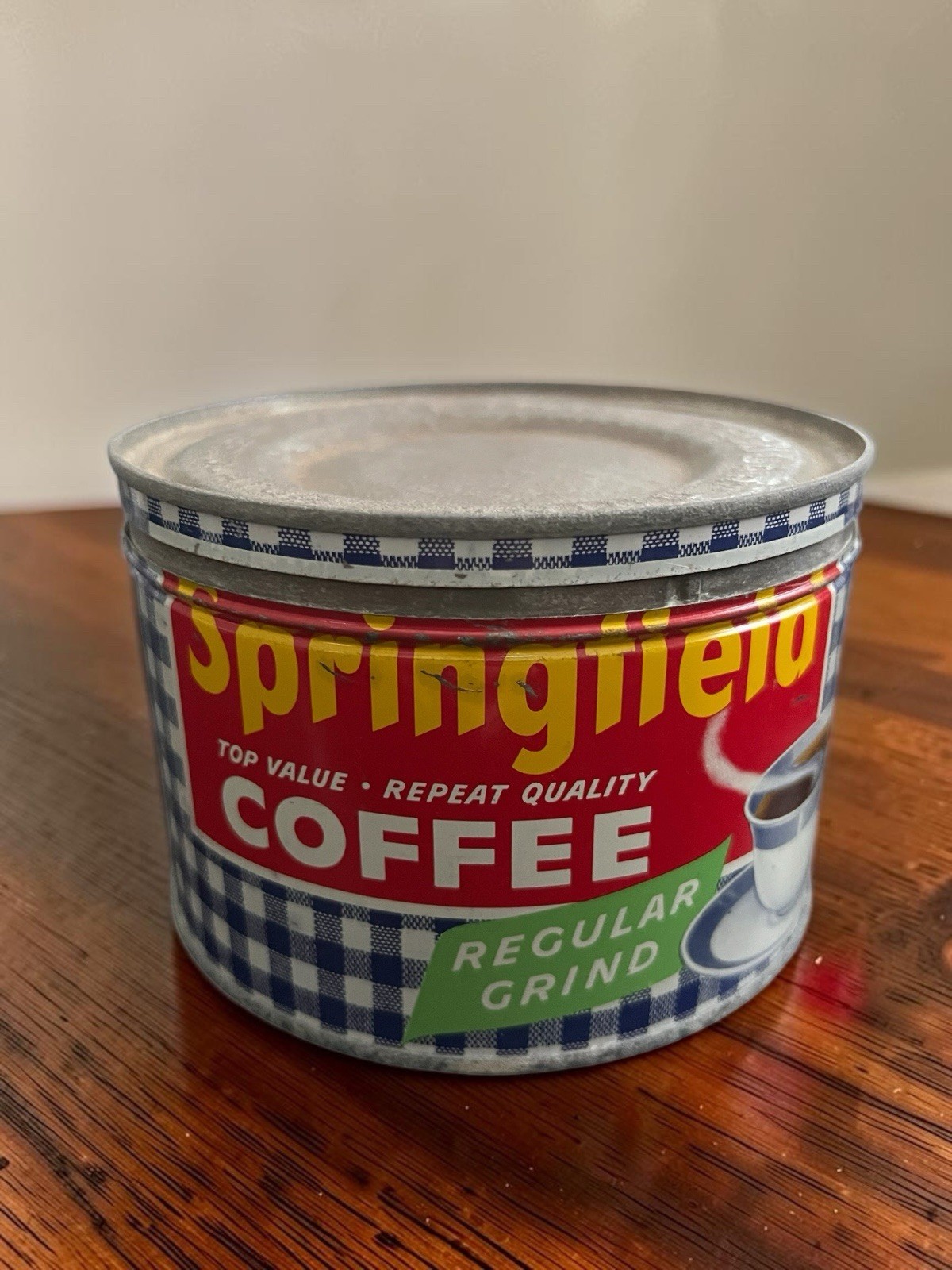 Vintage Springfield Coffee Tin Can 1 lb Gingham Plaid Litho Regular Grind w/ Lid Vintage Springfield Coffee Tin Can 1 lb Gingham Plaid Litho Regular Grind w/ Lid