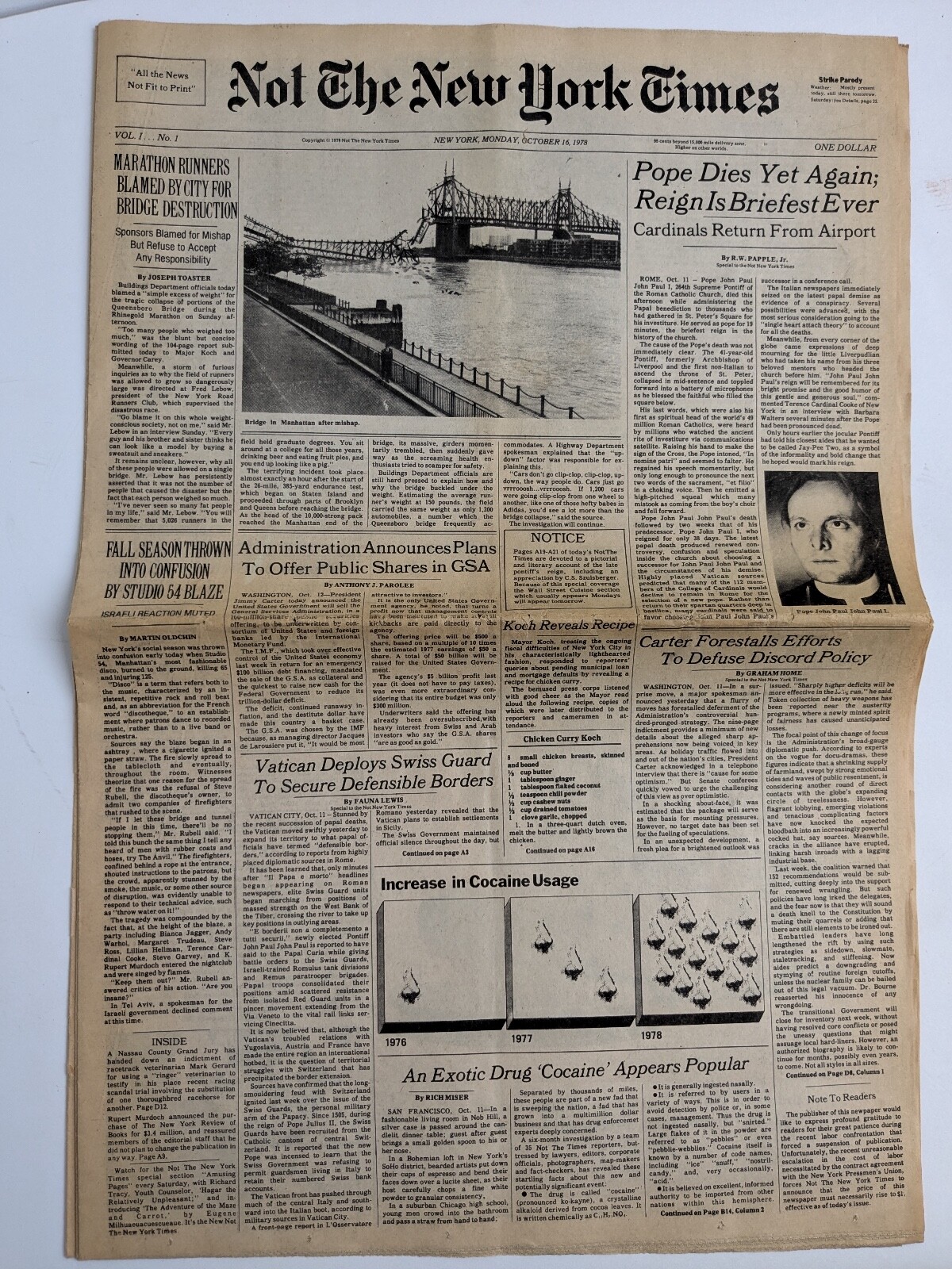 "Not the New York Times" Parody Newspaper from Monday, October 16, 1978 "Not the New York Times" Parody Newspaper from Monday, October 16, 1978