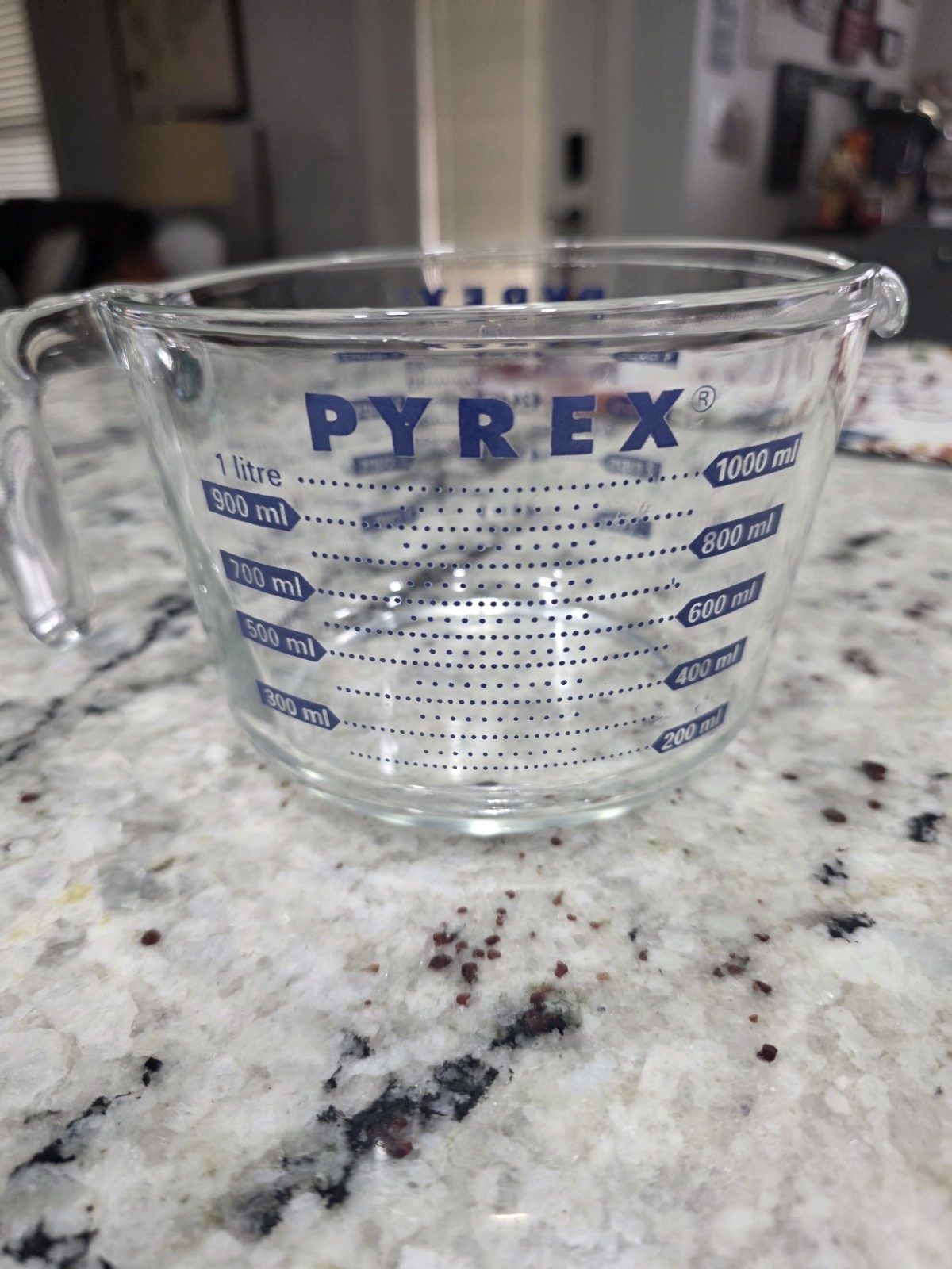 Vintage Pyrex 4 Cup Blue Lettering Glass Liquid Measuring Cup Made In USA Vintage Pyrex 4 Cup Blue Lettering Glass Liquid Measuring Cup Made In USA