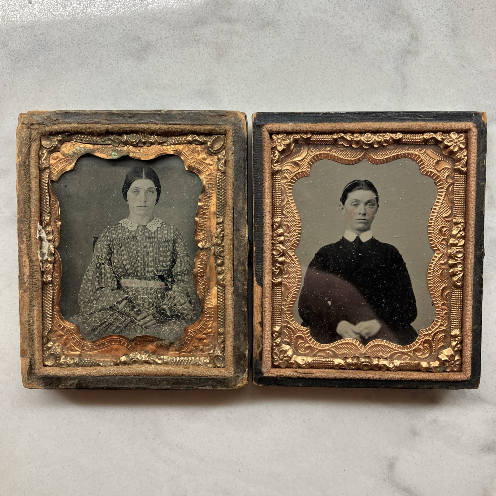 Pair Antique 1800s Tintype Photos Victorian Portraits Ornate Cases Damaged Pair Antique 1800s Tintype Photos Victorian Portraits Ornate Cases Damaged
