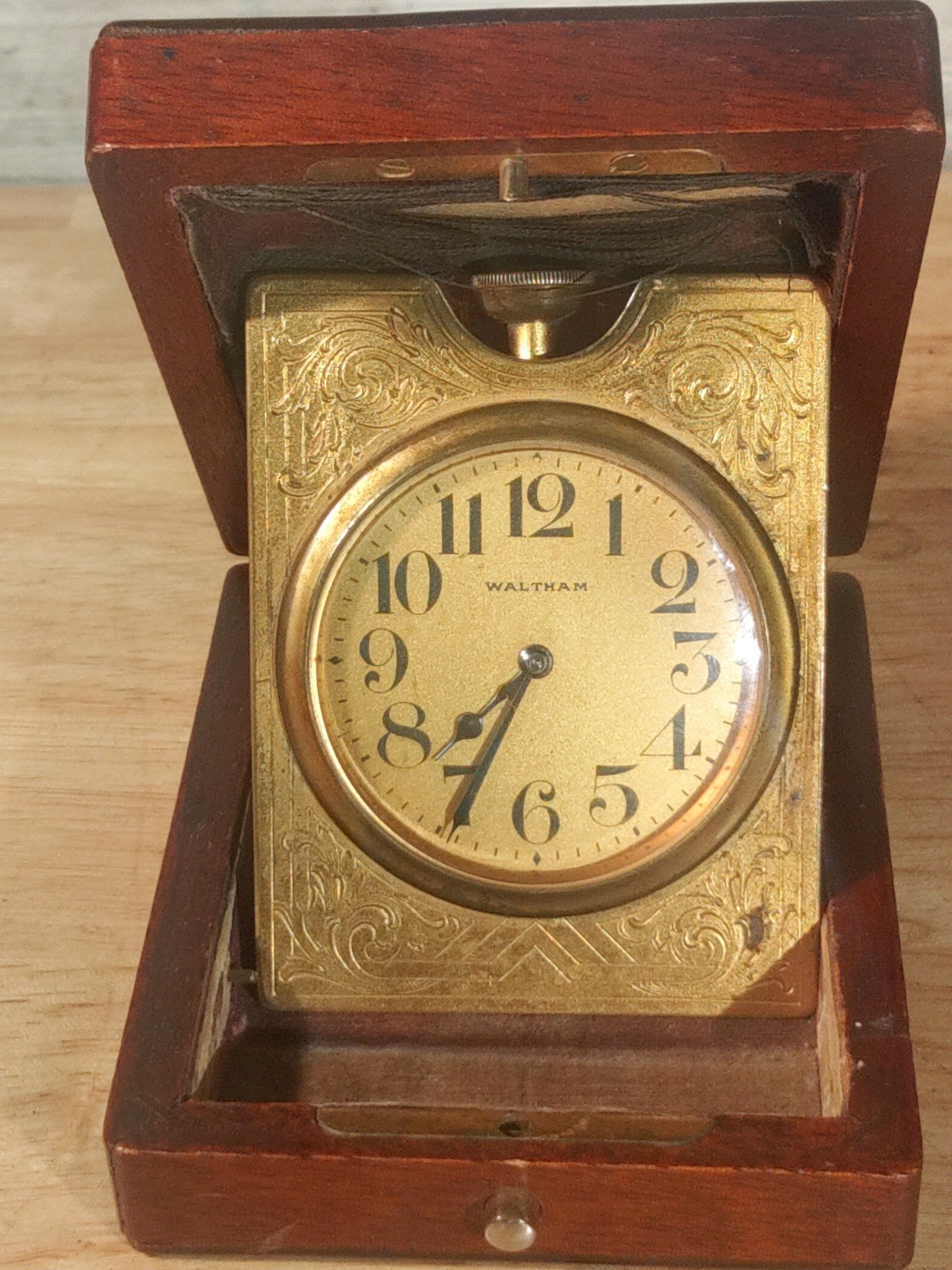 Antique Waltham 8 Day Travel Clock Engraved Brass Mechanical  Watch Boxed (Read)